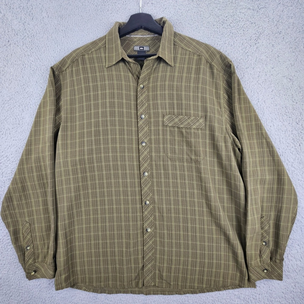 REI‎ Button Down Shirt Mens Large Olive Green Grid Plaid Long Sleeve 754448